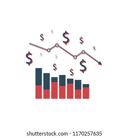 arrow decrease icon. dollar money fall down symbol. economy stretching rising drop. Business loss crisis decrease. cost reduction bankrupt icon. vector illustration.