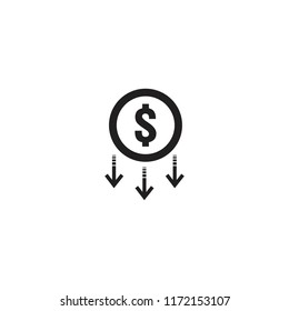 arrow decrease icon. dollar money fall down symbol. economy stretching rising drop. Business lost crisis decrease. cost reduction bankrupt icon. vector illustration.