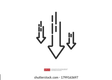 Arrow Decrease Icon Symbol. Economy Stretching Rising Drop Fall Down. Business Lost Crisis Decrease. Lower Cost, Reduction Bankrupt Icon. Vector Illustration.