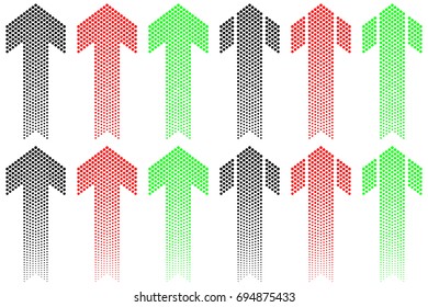 Arrow of decreasing dots with an angular end on a white background