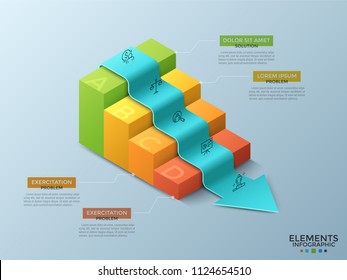 Arrow descending or laying across 4 colorful isometric steps of stairs, linear icons and text boxes. Concept of business problem reduction. Creative infographic design template. Vector illustration.