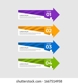 Arrow design elements with 4 options, steps, parts, stages. Minimal colorful numbered banner for workflow layout, diagram, chart, report, web design, presentation, plan, strategy, data visualization.
