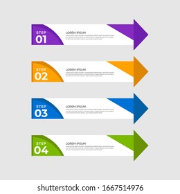 Arrow design elements with 4 options, steps, parts, stages. Minimal colorful numbered banner for workflow layout, diagram, chart, report, web design, presentation, plan, strategy, data visualization.