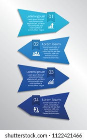 Arrow design elements for business infographics. Blue numbered banners for diagram, graph, report, presentation, chart, web design. 4 steps, parts, options, stages