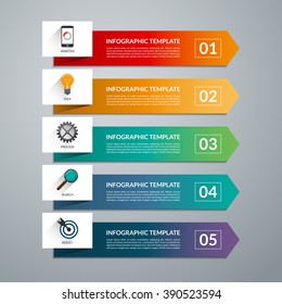 Arrow design elements for business infographics. Vector template with 5 steps, parts, options, stages.  Minimal colorful numbered banners for diagram, graph, report, presentation, chart, web design. 