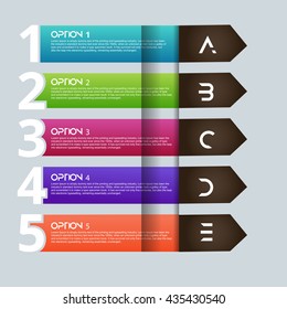Arrow design elements for business infographics. Vector template with 5 steps, parts, options, stages. Minimal colorful numbered banners for diagram, graph, presentation,  web design.