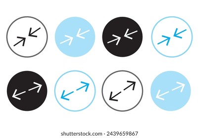 arrow design graphic in tools zoom icon Stock Vector.minimize icon arrow meeting point, rally compact size small scale arrow icons . shrink icon resize in arrow . zoom out, ZOOM IN icons