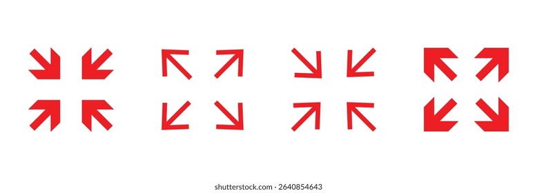 arrow design graphic in tools zoom icon Stock Vector. minimize icon arrow meeting point, rally compact size small scale arrow icons . shrink icon resize in arrow . zoom out, ZOOM IN icons