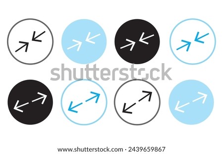 arrow design graphic in tools zoom icon Stock Vector.minimize icon arrow meeting point, rally compact size small scale arrow icons . shrink icon resize in arrow . zoom out, ZOOM IN icons