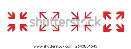 arrow design graphic in tools zoom icon Stock Vector. minimize icon arrow meeting point, rally compact size small scale arrow icons . shrink icon resize in arrow . zoom out, ZOOM IN icons