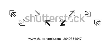 arrow design graphic in tools zoom icon Stock Vector. minimize icon arrow meeting point, rally compact size small scale arrow icons . shrink icon resize in arrow . zoom out, ZOOM IN icons