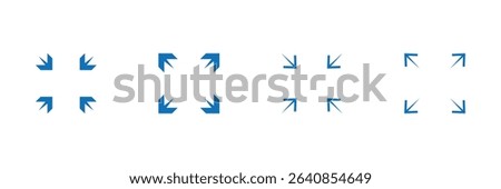 arrow design graphic in tools zoom icon Stock Vector. minimize icon arrow meeting point, rally compact size small scale arrow icons . shrink icon resize in arrow . zoom out, ZOOM IN icons