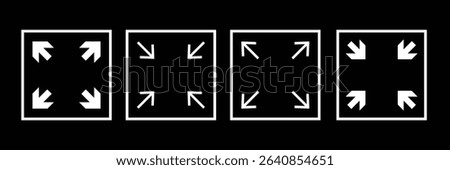 arrow design graphic in tools zoom icon Stock Vector. minimize icon arrow meeting point, rally compact size small scale arrow icons . shrink icon resize in arrow . zoom out, ZOOM IN icons