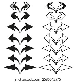 Arrow design icon. Symmetrical arrow set. Graphic black white. Directional symbol vector.