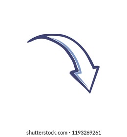 Arrow designed pointer with sharp top, back and down direction of swirl curved arrowhead. Isolated icon monochrome outline handdrawn sketch vector