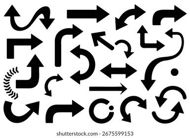 Arrow designs showcase a diverse collection of black directional pointers on a clean white backdrop indicating various paths and choices for navigation or graphic design purposes representing guidanc