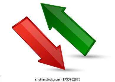 Arrow up diagonal and down arrow icon. Red and green lines change symbol. Vector illustration. Stock Photo.