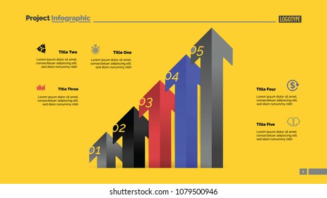 Arrow diagram with five steps. Bar chart, step diagram, slide template. Creative concept for infographics, presentation, project, report. Can be used for topics like business, analysis, accounting