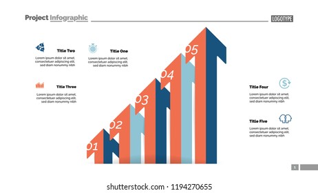Arrow diagram with five steps. Bar chart, step diagram, slide template. Creative concept for infographics, presentation, project, report. Can be used for topics like business, analysis, accounting