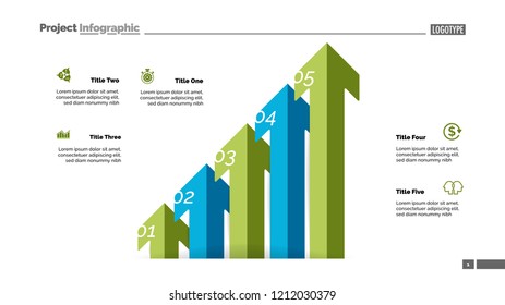 Arrow diagram with five steps. Bar chart, step diagram, slide template. Creative concept for infographics, presentation, project, report. Can be used for topics like business, analysis, accounting