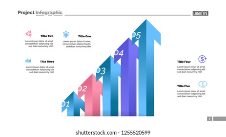 Arrow diagram with five steps. Bar chart, step diagram, slide template. Creative concept for infographics, presentation, project, report. Can be used for topics like business, analysis, accounting