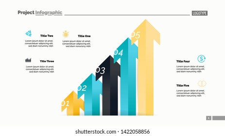 Arrow diagram with five steps. Bar chart, step diagram, slide template. Creative concept for infographics, presentation, project, report. Can be used for topics like business, analysis, accounting