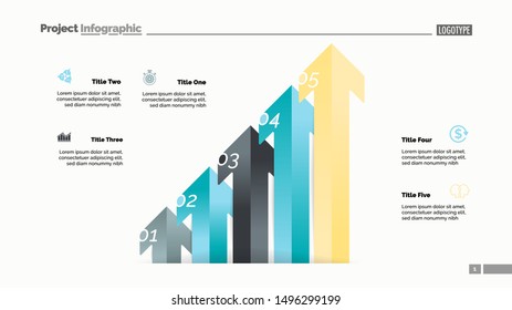 Arrow diagram with five steps. Bar chart, step diagram, slide template. Creative concept for infographics, presentation, project, report. Can be used for topics like business, analysis, accounting
