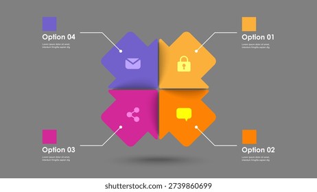 Arrow diagram vector template for data visualization. Layout of 4 arrows with icons and space for data.