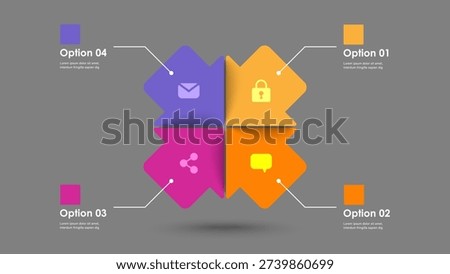 Arrow diagram vector template for data visualization. Layout of 4 arrows with icons and space for data.