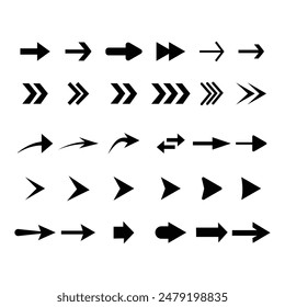 Arrow of different shapes, linear symbols collection. Arrows set. Arrows set of 30 black icons. Arrow flat style isolated on white background.