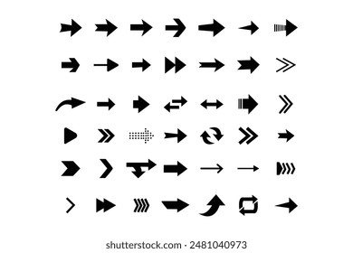 Flecha de diferentes Formas, colección de símbolos lineales. Flechas establecidas. Conjunto de flechas de 42 iconos negros. Estilo plano de flecha aislado sobre fondo blanco.