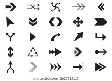Arrow of different shapes, linear symbols collection. Arrows set. Arrows set of 25 black icons. Arrow flat style isolated on white background. 