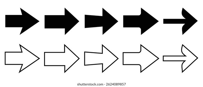 Arrow different shapes in modern simple flat style for web design. Vector illustration isolated on white background. Arrow icon collection, Arrow. Cursor, Modern simple arrows.