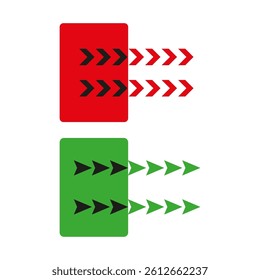 Arrow direction blocks. Red green containers. Motion flow elements. Vector flat symbol.