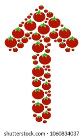 Arrow Direction collage of tomato in various sizes. Vector tomatoes elements are grouped into arrow direction shape. Tomatoes vector design concept.