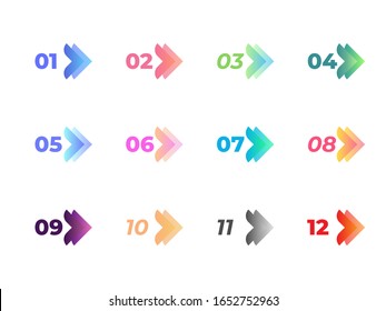 Arrow direction colorful number bullet points from 1 to 12. Simple vector