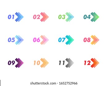 Arrow direction colorful number bullet points from 1 to 12. Simple vector