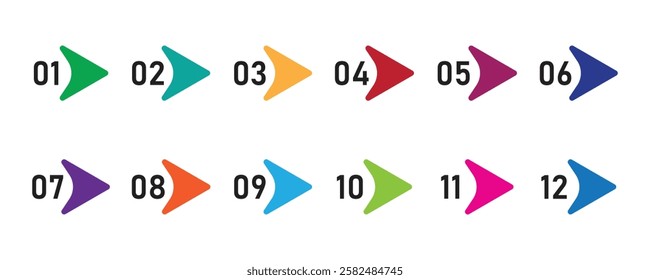 Arrow direction colorful number bullet points from one to twelve. Creative vector illustration of number bullet points set 1 to 12 isolated on white background.