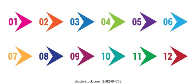 Arrow direction colorful number bullet points from one to twelve. Creative vector illustration of number bullet points set 1 to 12 isolated on white background.