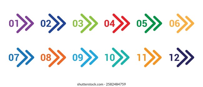 Arrow direction colorful number bullet points from one to twelve. Creative vector illustration of number bullet points set 1 to 12 isolated on white background.