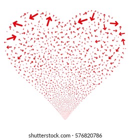Arrow Direction fireworks with heart shape. Vector illustration style is flat red iconic symbols on a white background. Object stream made from confetti symbols.