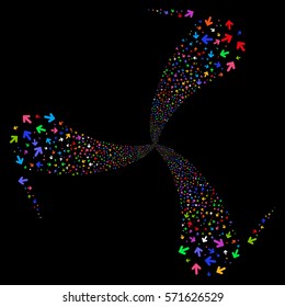 Arrow Direction fireworks swirl rotation. Vector illustration style is flat bright multicolored iconic symbols on a black background. Object twirl combined from random symbols.