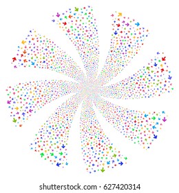 Arrow Direction fireworks swirl rotation. Vector illustration style is flat bright multicolored iconic symbols on a white background. Object spiral combined from random symbols.