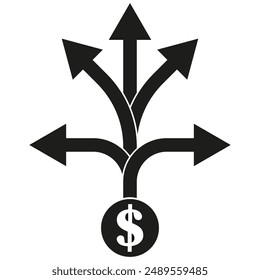 Icono de dirección de flecha. Detalle del símbolo del dólar. Vector de la trayectoria financiera. Gráfico en blanco y negro.