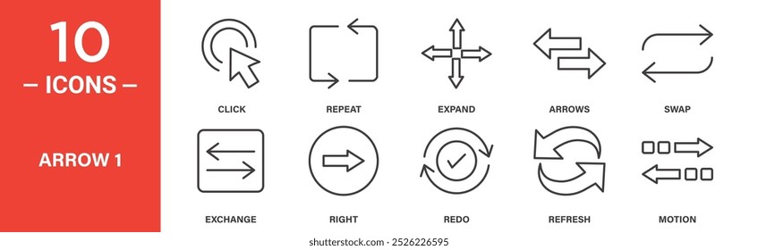 Arrow and Direction Icon Set: 10 Line Icons Including Click, Expand, Swap, and Refresh Arrows