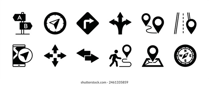 Conjunto de iconos de dirección de flecha. Conteniendo tres vías, tarjeta de tráfico, navegación, brújula, GPS, señal, carretera, mapa pin, guía, cruce, puntero, intersección, seguimiento, viaje, Vector de unión