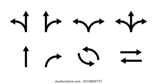 Arrow direction icon set. Way pointer symbol. Turn arrow navigation sign. Traffic route vector illustration isolated.