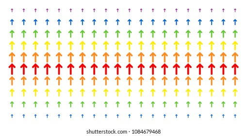 Arrow Direction icon spectral halftone pattern. Vector pictograms arranged into halftone matrix with vertical rainbow colors gradient. Constructed for backgrounds, covers,