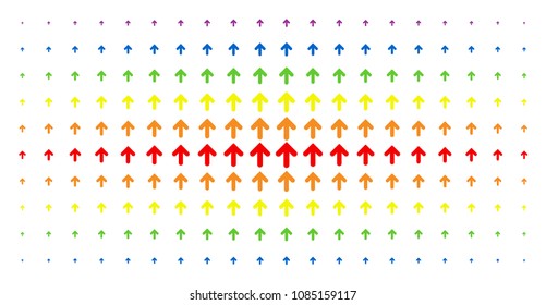 Arrow direction icon spectral halftone pattern. Vector arrow direction symbols are organized into halftone matrix with vertical spectral gradient. Constructed for backgrounds, covers,