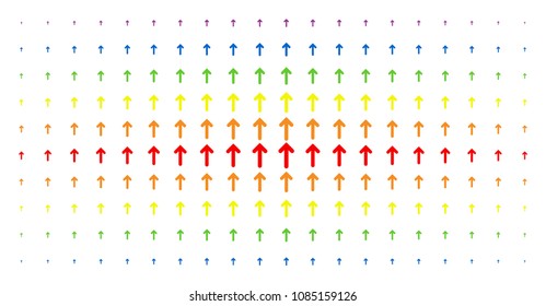 Arrow direction icon spectral halftone pattern. Vector arrow direction pictograms are organized into halftone matrix with vertical spectrum gradient. Constructed for backgrounds, covers,
